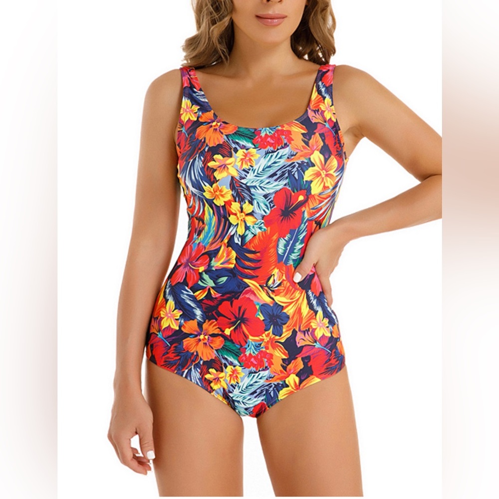 Women's Red Tropical Floral Crisscross-Back One-Piece